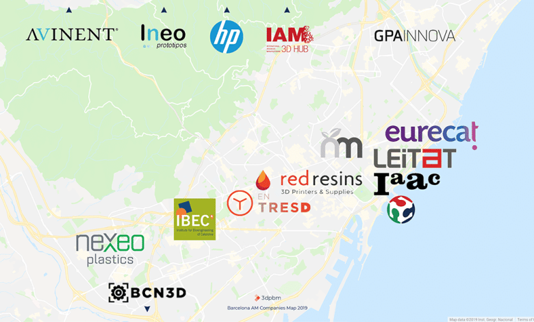 Map showing interesting 3D printing companies in Barcelona, Spain