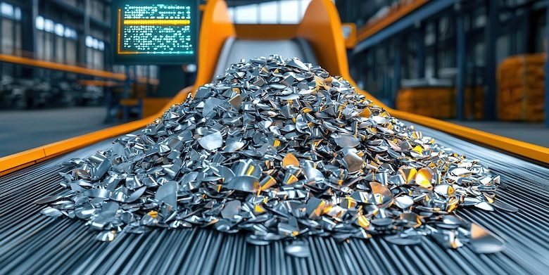 Conveyor belt loaded with scrap metal, showcasing the recycling process in a modern factory Continuum OptiPowder 718